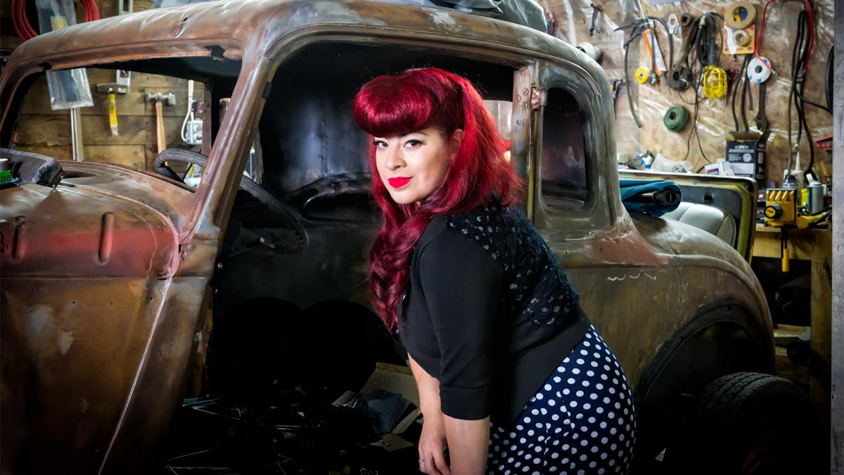 Bright red haired pinup model